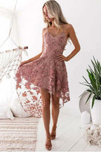 High Low Homecoming Dresses Spaghetti Straps Lace Short Prom Dress PD368