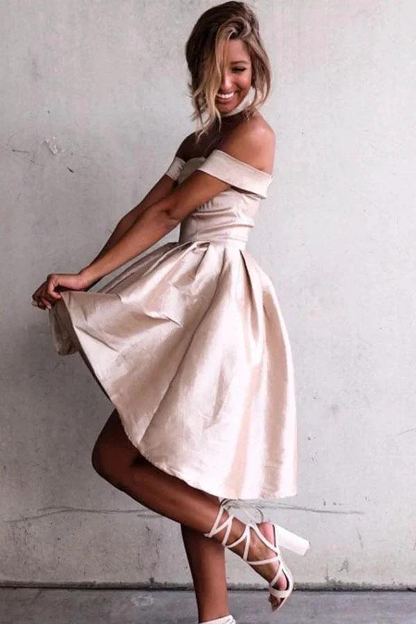 High Low Off-the-Shoulder Pleated Satin Homecoming Dress PG182