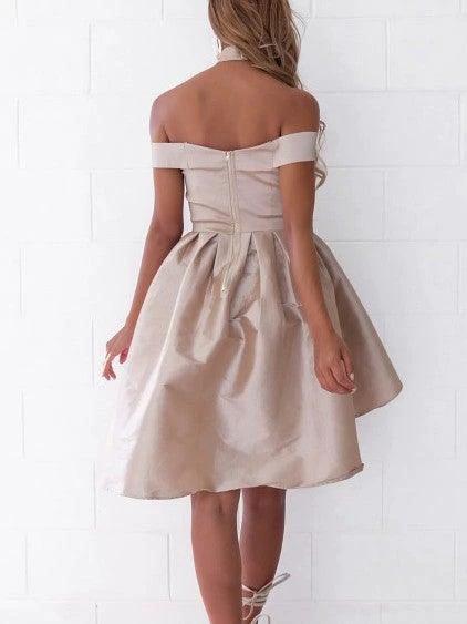High Low Off-the-Shoulder Pleated Satin Homecoming Dress PG182
