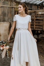 High Low Two Piece Satin Lace Wedding Dress with Sleeves