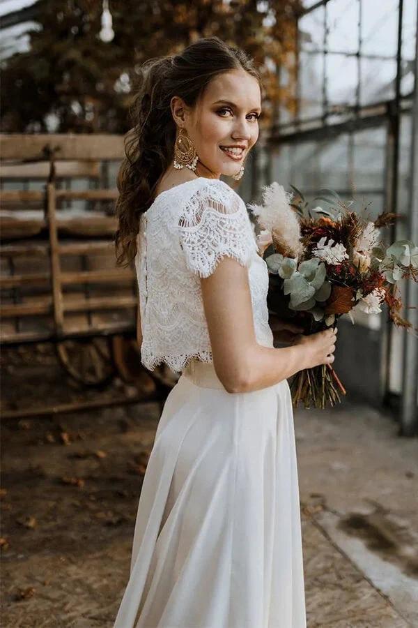 High Low Two Piece Satin Lace Wedding Dress with Sleeves