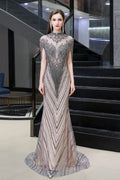 High Neck Cap sleeves Sparkle Beads Long Prom Dresses
