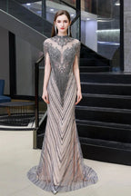 High Neck Cap sleeves Sparkle Beads Long Prom Dresses