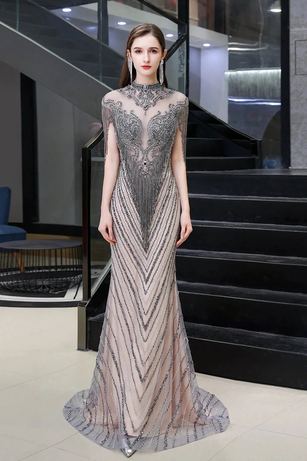 High Neck Cap sleeves Sparkle Beads Long Prom Dresses