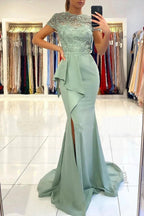 High neck Lace column Long Buttons Split Short sleeves Evening Dress