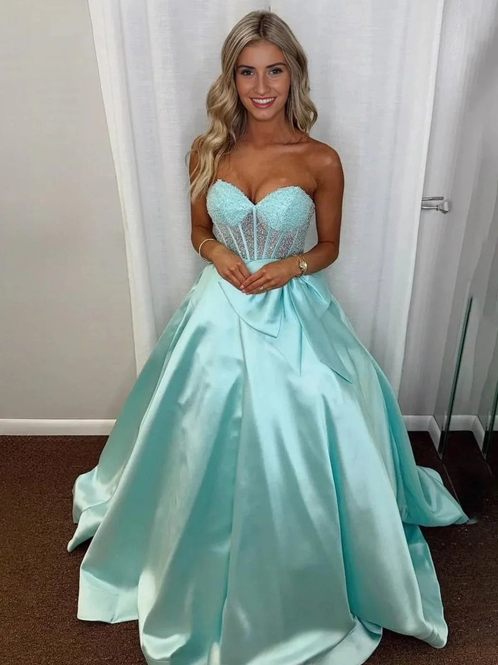 Hindreen | A-Line Sweetheart Lilac Beaded  Long Prom Dresses With Bow