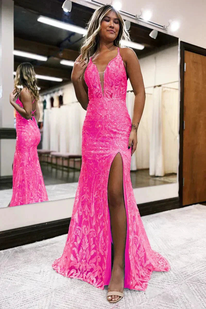 Hot Pink Sparkly Prom Dress With Slit Sequin Lace Dress