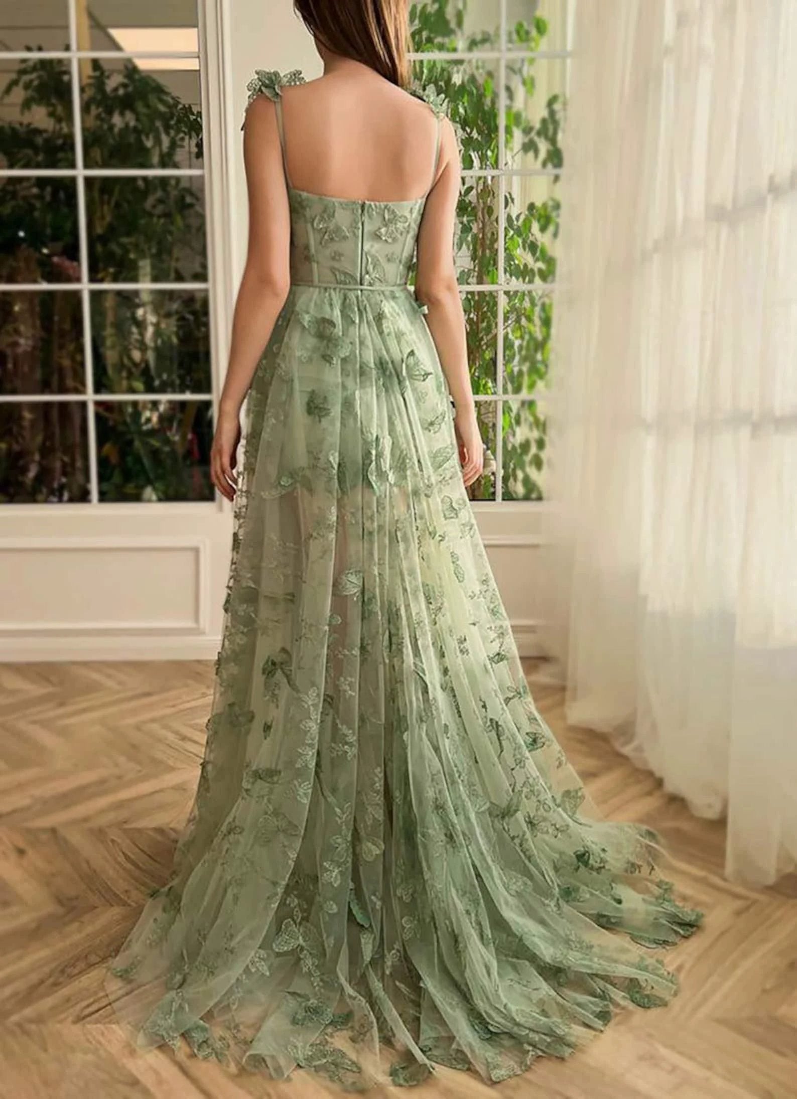 Lydia |A-line Butterfly Lace Lilac Corset Prom Dress with Slit