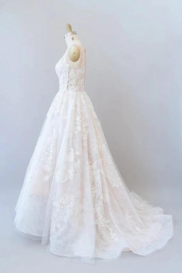 Illusion Appliques Tulle A-line Wedding Dress