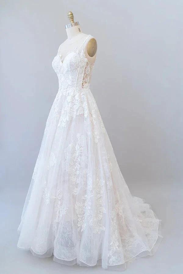 Illusion Appliques Tulle A-line Wedding Dress