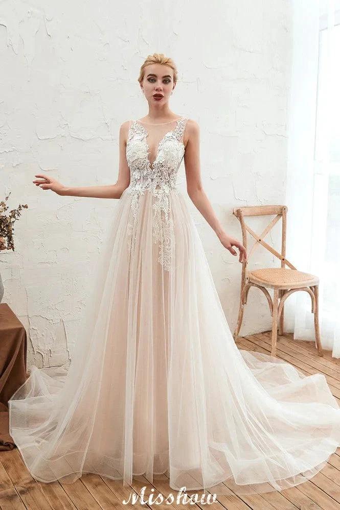 Illusion Neck Champagne Wedding Dress Sleeveless Summer Bridal Gown