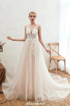 Illusion Neck Champagne Wedding Dress Sleeveless Summer Bridal Gown