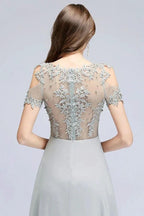 Illusion Neckline Long Appliques Chiffon Prom Dresses