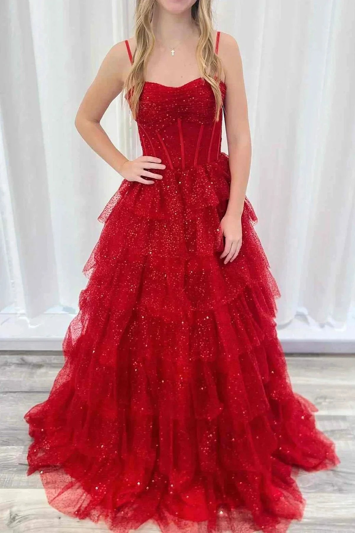 Isoline | Gorgeous Sparkle Tulle Red Spaghetti Straps Ruched Prom Dress