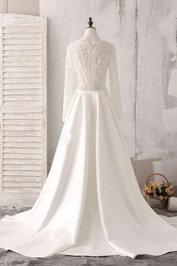 Ivory Lace and Satin V-neck Long Sleeve Beaded Wedding Dress WD144