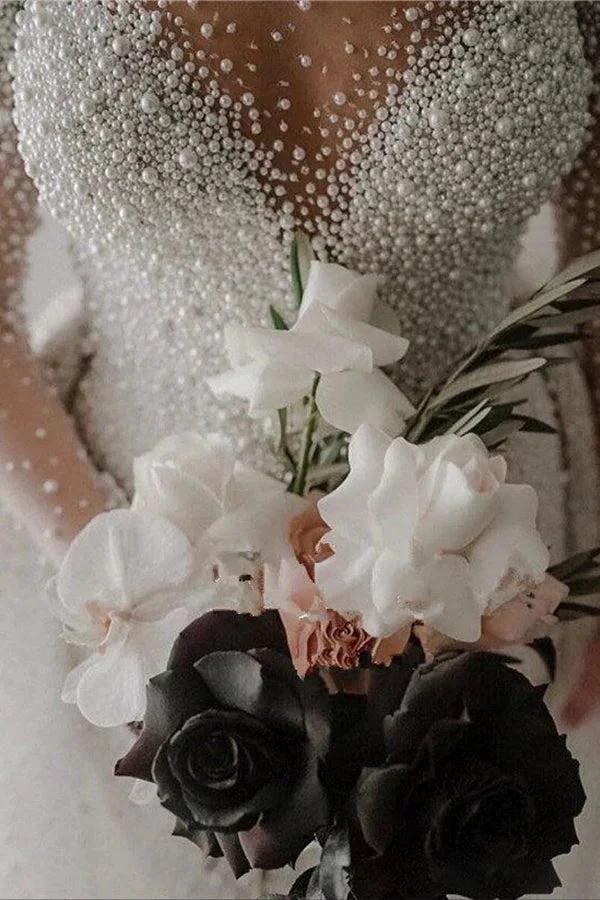 Ivory Long Sleeves Despatchable Train V-neck Button Wedding Dress with Fully coverd Pearls