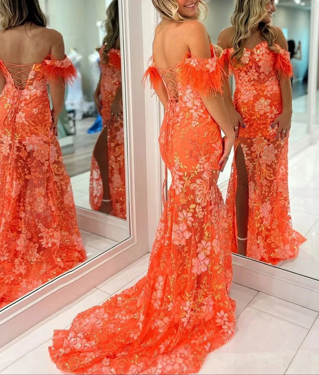 Jalea | Orange Sweetheart Mermaid Lace Long Prom Dresses With Split