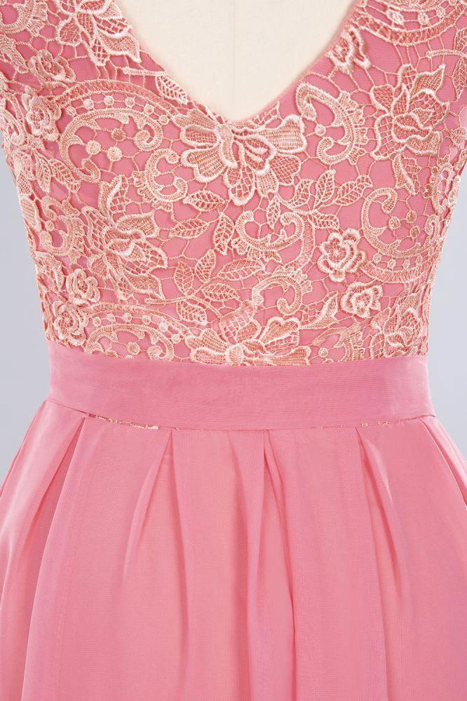 Jewel Ruffles Floral Lace Simple Prom Dresses | A-Line Sleeveless Coral Evening Dresses