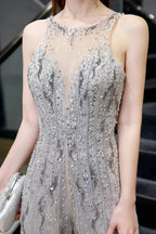 Jewel Sleeveless Tulle Evening Jumpsuit with Sequins