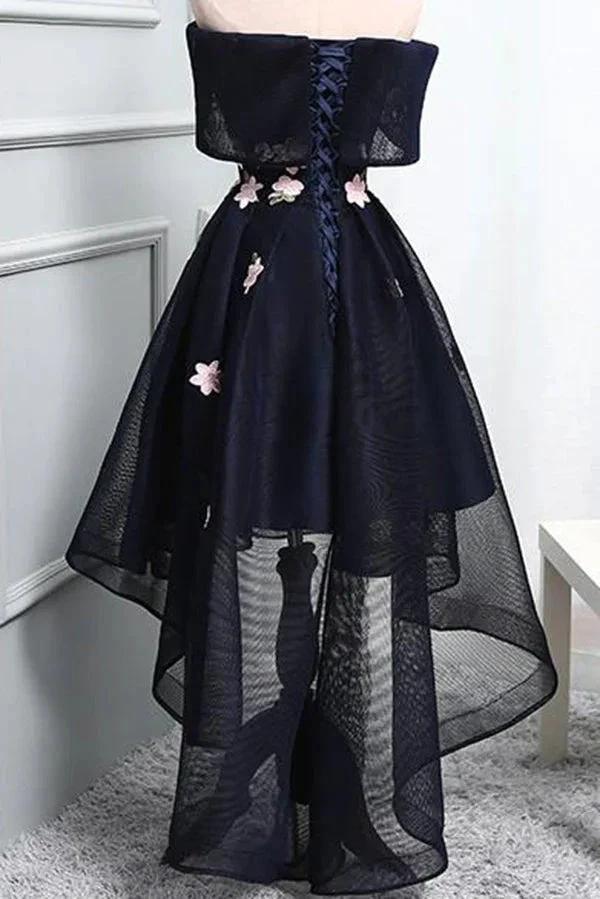 Unique A-Line High Low Off The Shoulder Lace Up Navy Blue Elegant Prom Dresses With Appliques