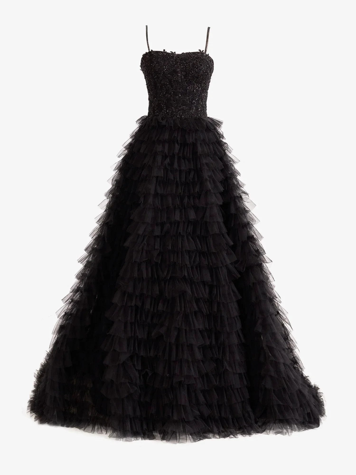 Jordan | Black A-Line Tiered Sequins Tulle Long Prom Dress