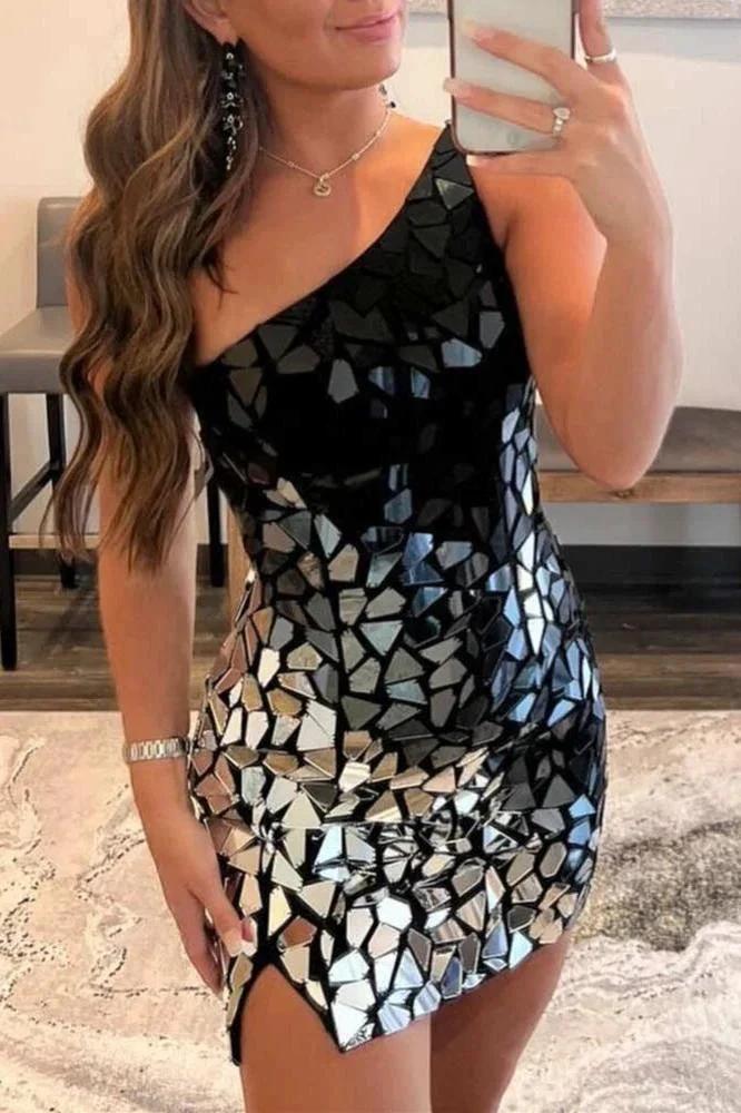 Black Gradient Cut Glass Mirror One-Shoulder Short Dress