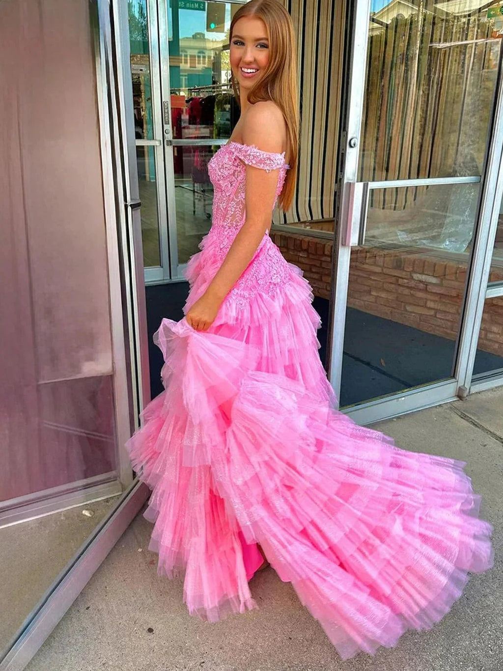 Kashi | Champagne Off the Shoulder Tulle Prom Dress With Appliques