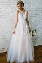 Lace Applique Ivory Wedding Dresses V Neck Beach Wedding Dress   WD292