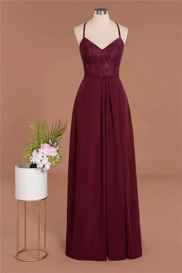 Lace Spaghetti Straps Prom Dresses | A-Line Sleeveless Side Split Evening Dresses