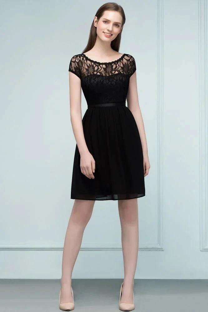 Lace Top Chiffon A-line Short Scoop Bridesmaid Dresses