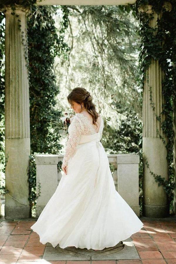 Lace Top Ivory Chiffon Plus Size Wedding Dresses with Long Sleeves  WD462