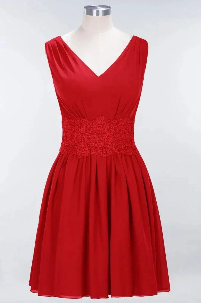 Lace V-Neck Sleeveless Mini Bridesmaid Dresses A-line Chiffon Homecoming Dress