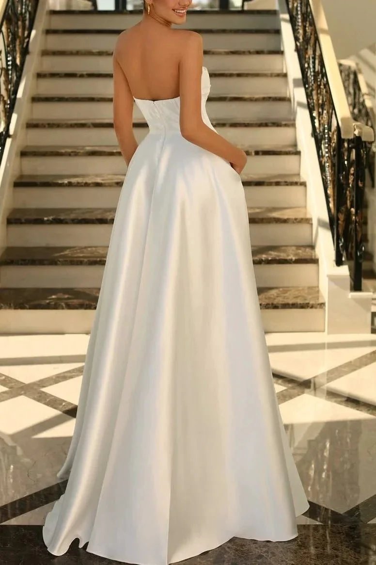 Lachlan | Satin A-Line Scoop Empire-Waist Pleated Satin High Slit Formal Prom Dress