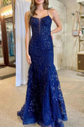 Lance | Blue Sequin Lace Spaghetti Strap Mermaid Long Formal Dress