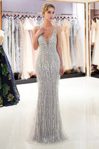 Latest Long Mermaid V neck Beading Fringe Tulle Evening Dress