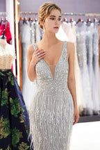 Latest Long Mermaid V neck Beading Fringe Tulle Evening Dress