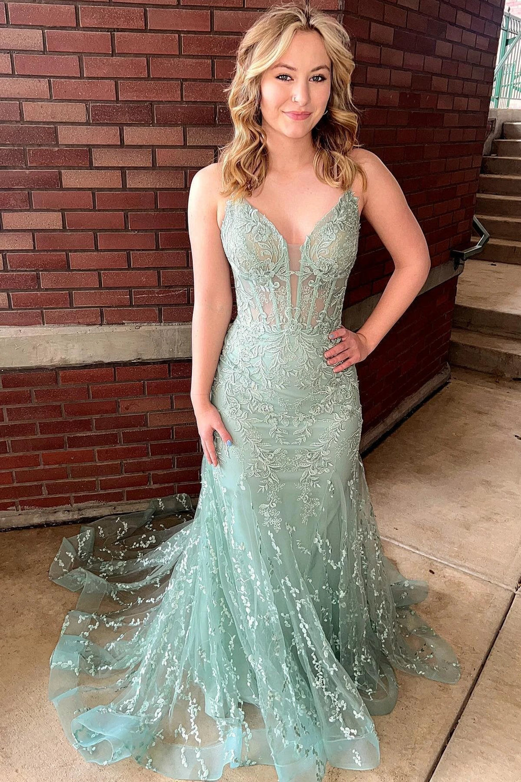 Lesha | Orange Lace Spaghetti Straps Mermaid Long Formal Dress