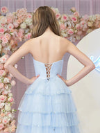 Braelyn | Light Blue Strapless Layered Tulle Prom Dress with Sequins
