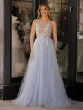 Cynthia | Light Blue V Neck Lace-Up Appliques Tulle Long Prom Dress