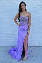 Lila | Strapless Mermaid Satin Beaded Prom Dress With Split