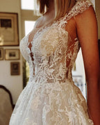Long A-line Appliques Lace Backless Church Train Wedding Dress