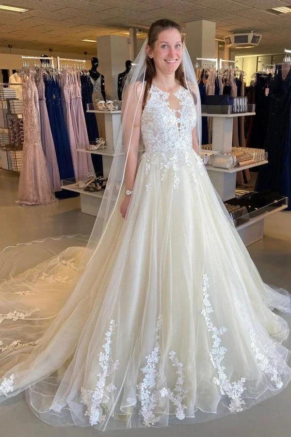 Long A-Line Appliques Lace Tulle Ruffles Backless Wedding Dress