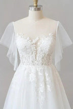Long A-line Appliques Lace Tulle Wedding Dress with Sleeves