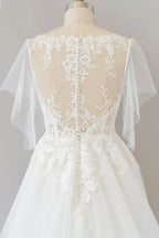 Long A-line Appliques Lace Tulle Wedding Dress with Sleeves