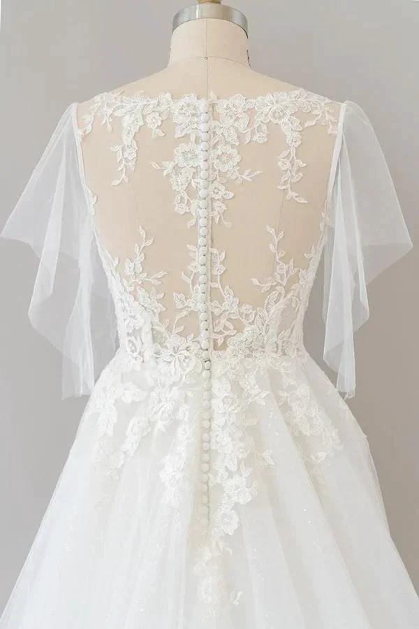 Long A-line Appliques Lace Tulle Wedding Dress with Sleeves
