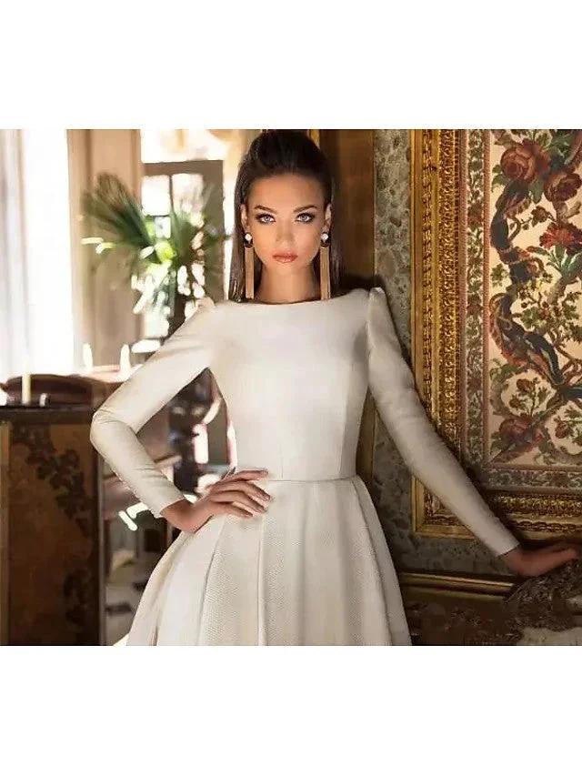 Long A-Line Bateau Neck Court Train Polyester Backless Wedding Dresses with Sleeves