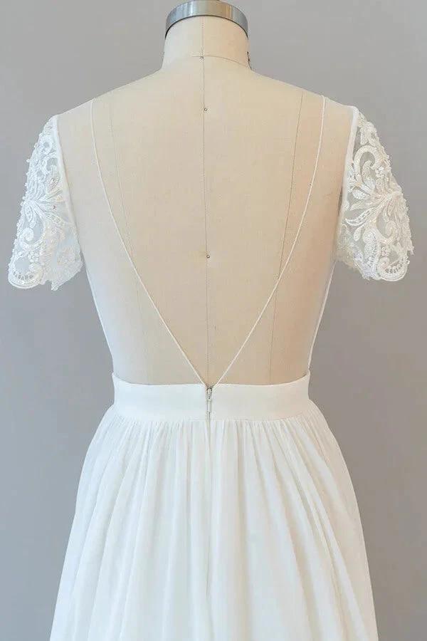 Long A-line Chiffon Backless Wedding Dress with Sleeves