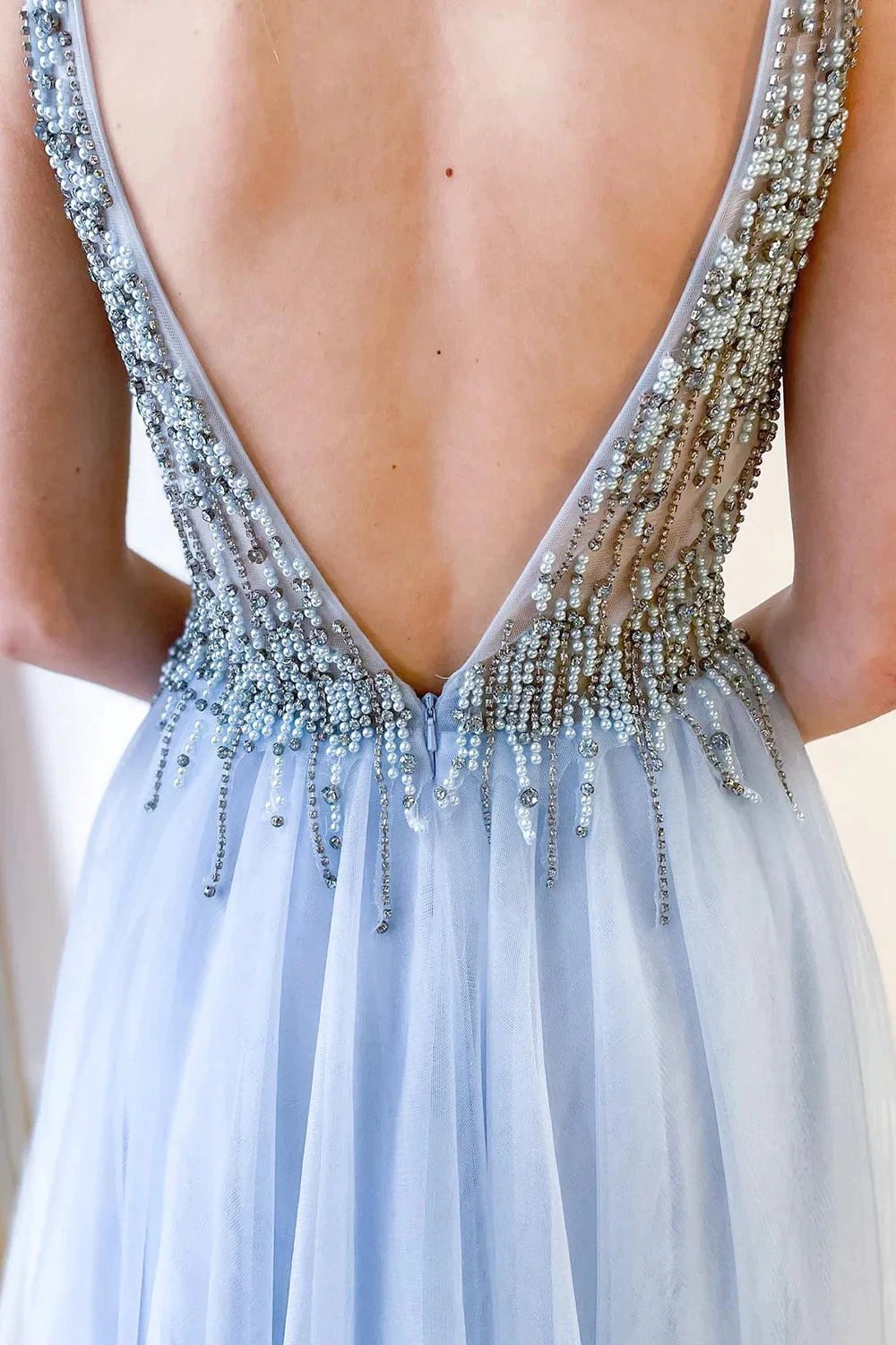 Long A-line Deep V-neck Beading Tulle Open Back Prom Dress With Slit