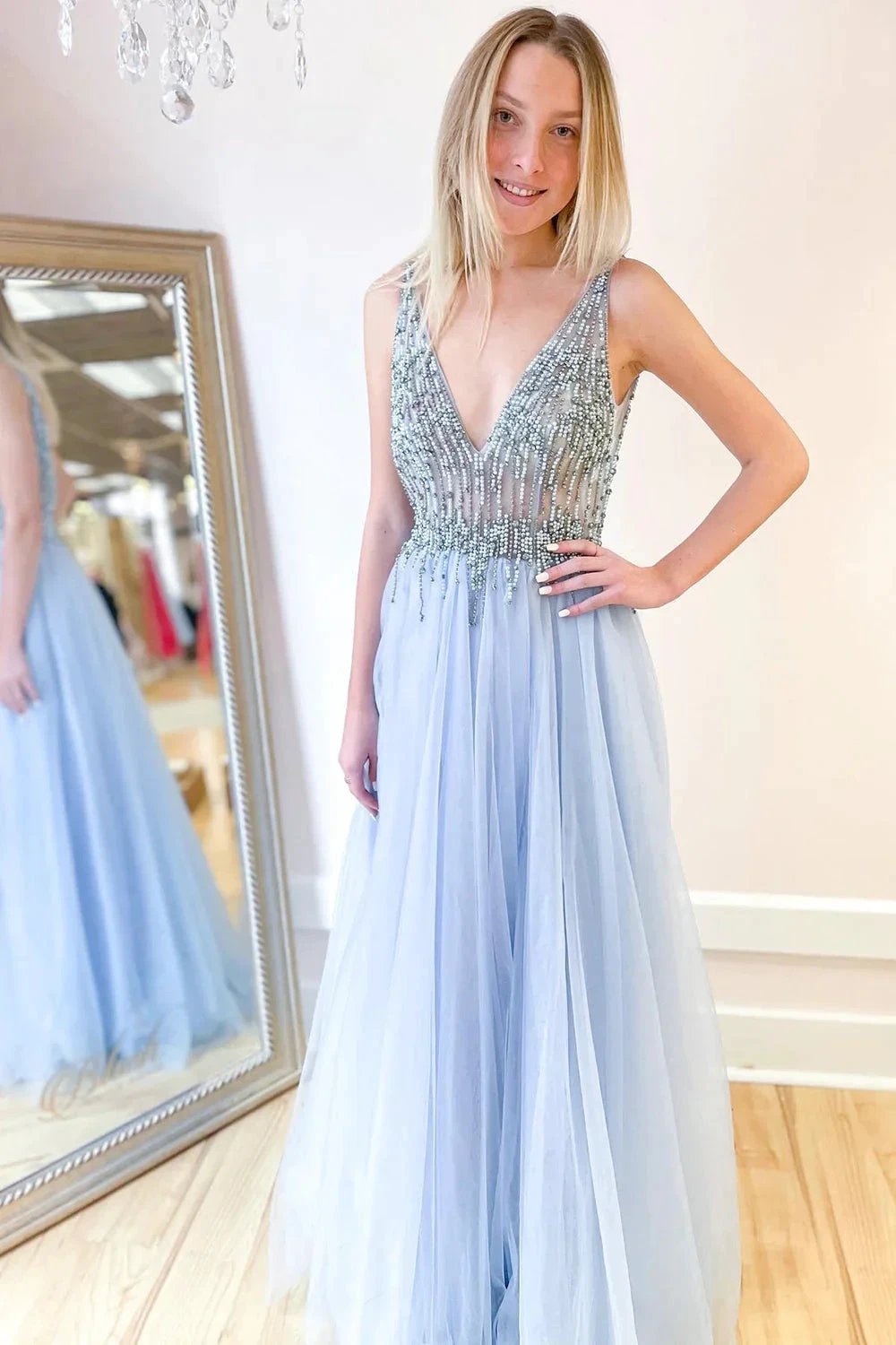 Long A-line Deep V-neck Beading Tulle Open Back Prom Dress With Slit