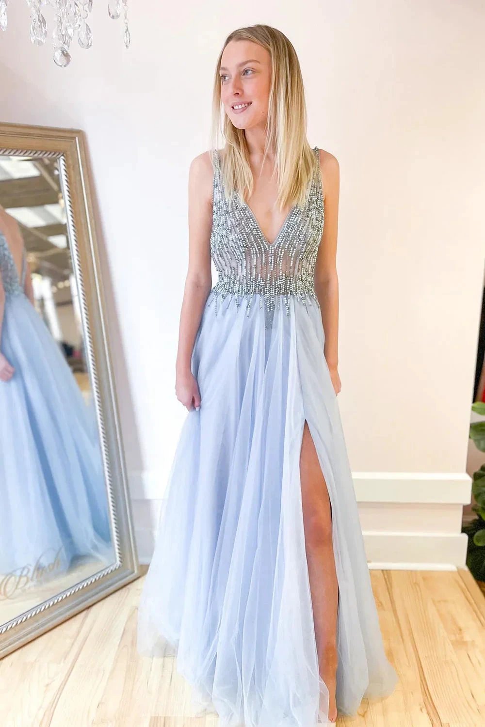 Long A-line Deep V-neck Beading Tulle Open Back Prom Dress With Slit